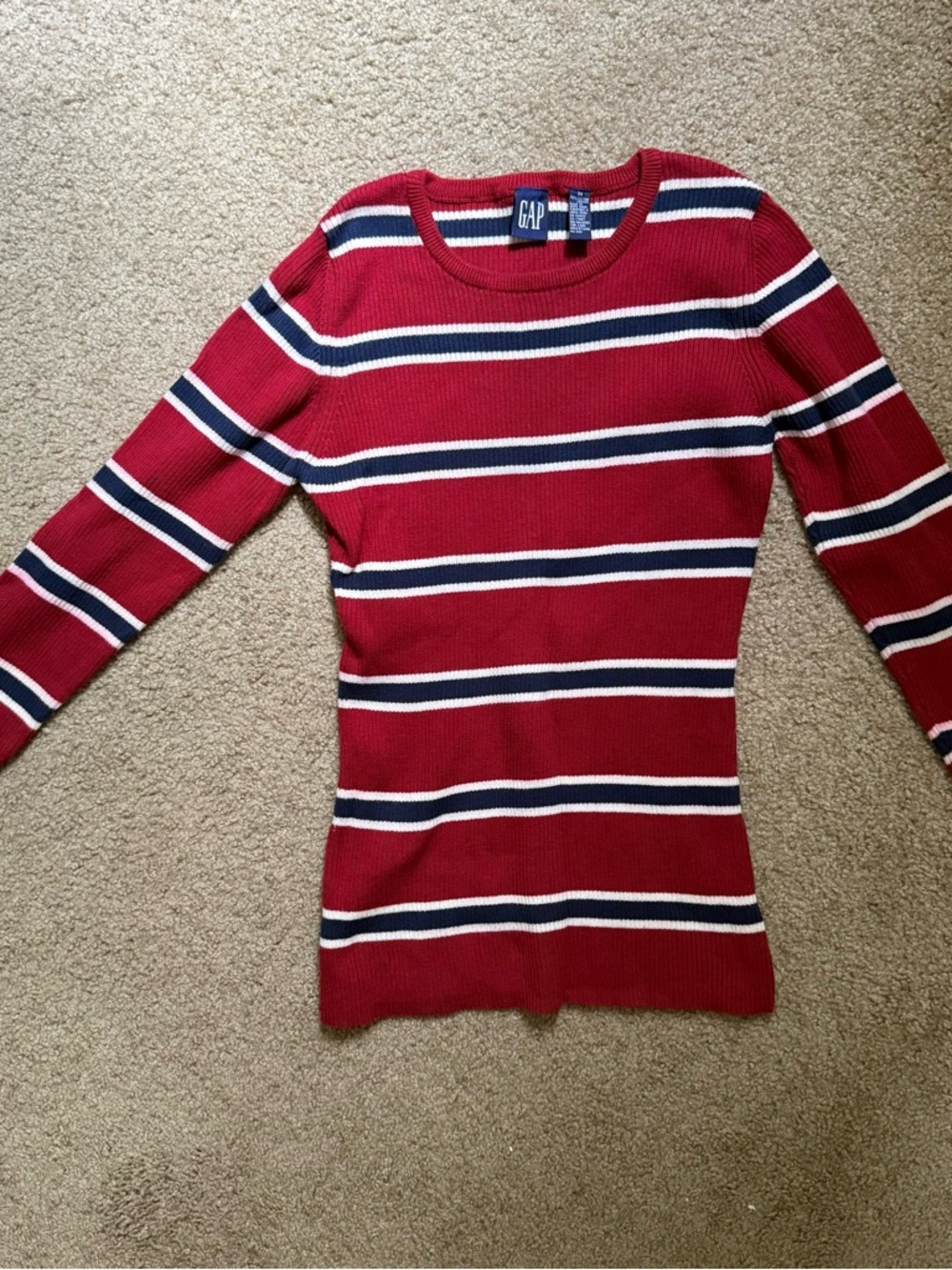 GAP Red Crewneck Sweater with Navy and White Stripes